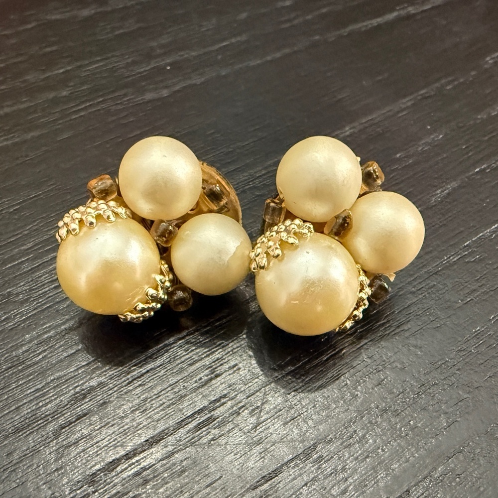 Vintage Japanese Faux Pearl Gold Tone Earrings, 1960s, Costume Jewelry